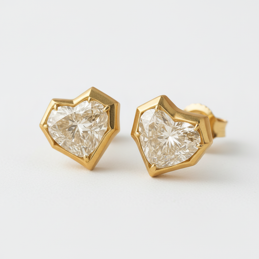 Heart Cut Moissanite Diamond Unique Gold Frame Stud