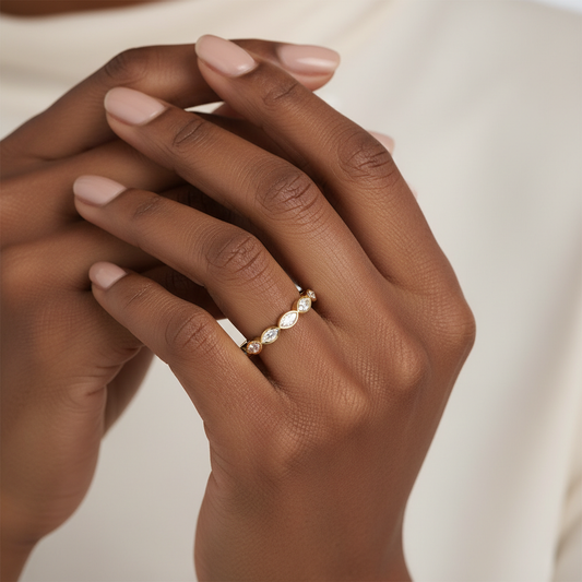 Marquise Lab Diamond Bezel Set Half Eternity Gold Band