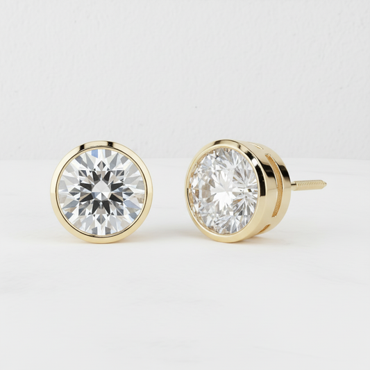 Round Cut Moissanite Diamond Bezel Set Gold Stud Earrings