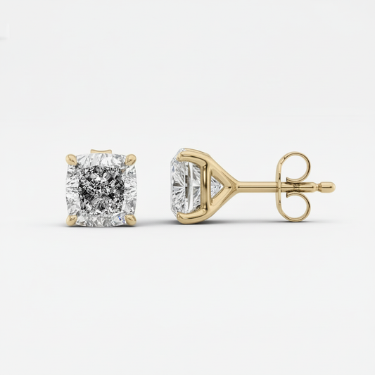 Cushion Cut Lab Grown Diamond 4 Prong Gold Stud Earrings