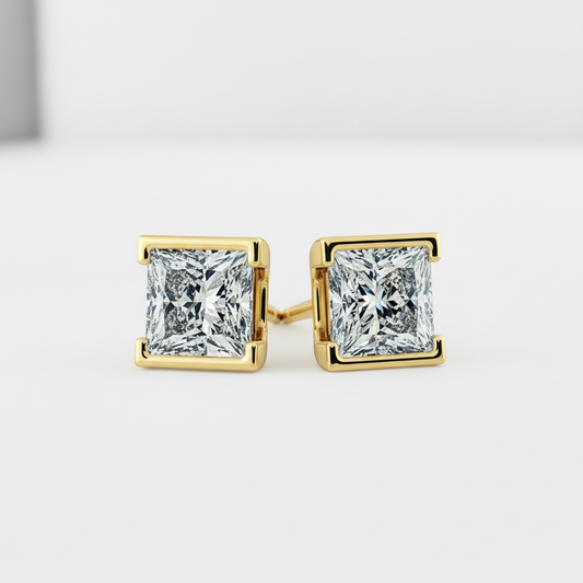 Princess Cut Lab Diamond Open Bezel Set Gold Stud
