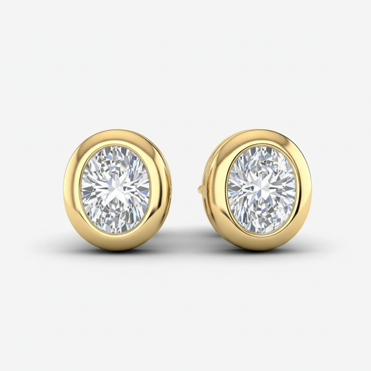 Modern Bezel Set Oval Cut Moissanite Diamond Gold Stud