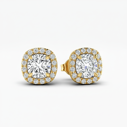 Luxury Cushion Halo Lab Grown Diamond Gold Earrings