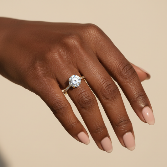 14K Yellow Gold Round Moissanite Diamond Halo Engagement Ring