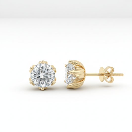 Round Basket 6 Prong Moissanite Diamond Gold Stud