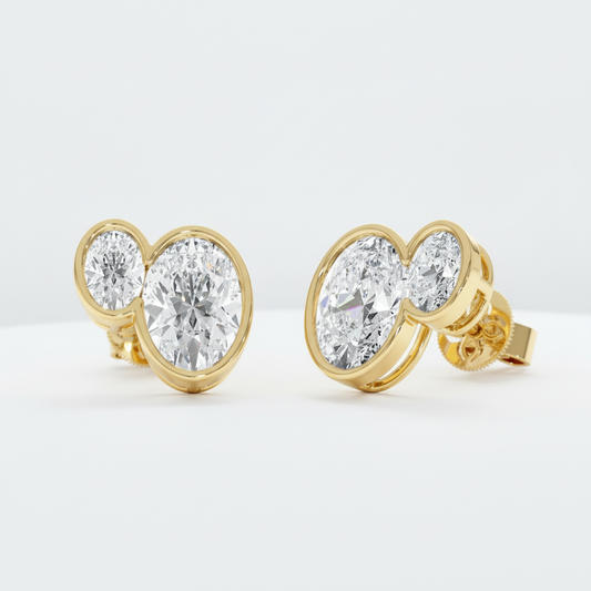 Two Stone Oval Cut Lab Grown Diamond Bezel Gold Studs