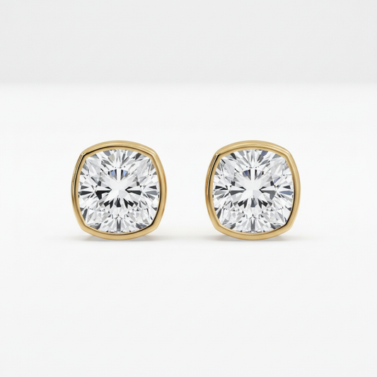 Cushion Cut Lab Grown Diamond Smooth Bezel Set Gold Stud