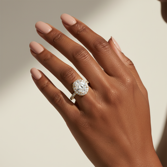 Oval Moissanite Diamond French Pavé Halo Wedding Ring