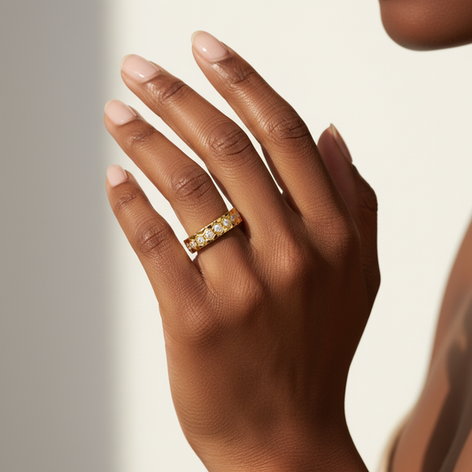 Round Cut Moissanite Hexagon Bezel Full Band Ring