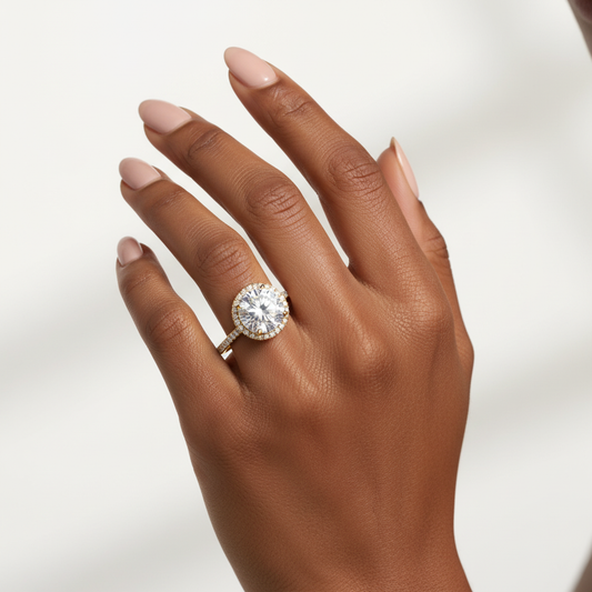 14K Yellow Gold Round Moissanite Diamond French Pave Halo Engagement Ring