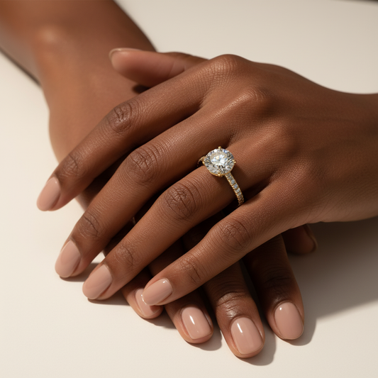 14K Yellow Gold Round Moissanite Diamond Pave Setting Engagement Ring