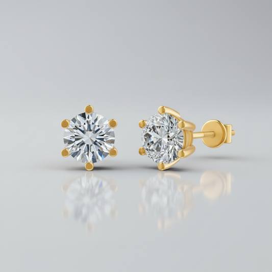 Round Cut Lab Grown Diamond 6 Prong Gold Stud Earrings