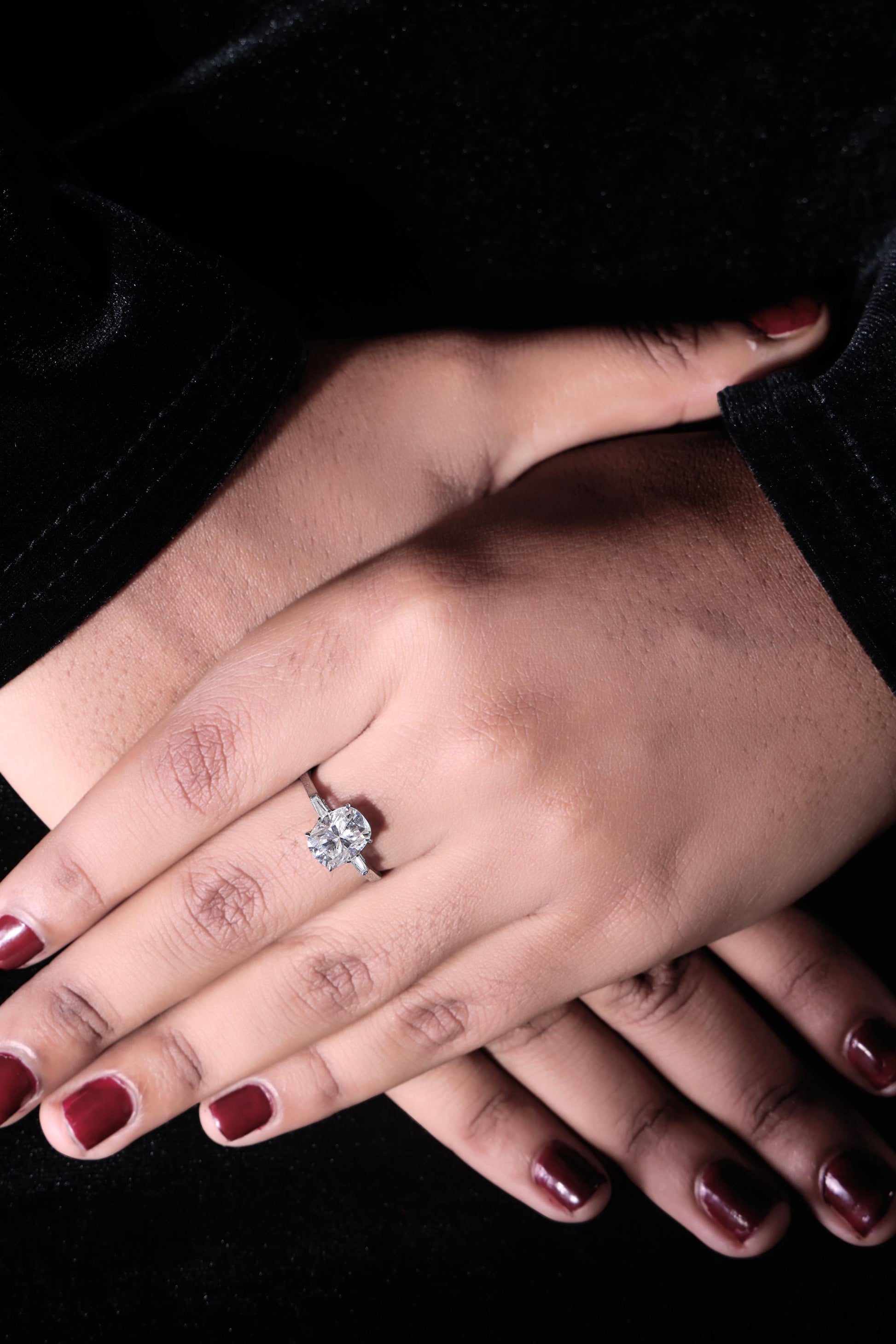 Lab Grown Diamond Cushion Cut Three Stone Engagement Ring with Baguettes