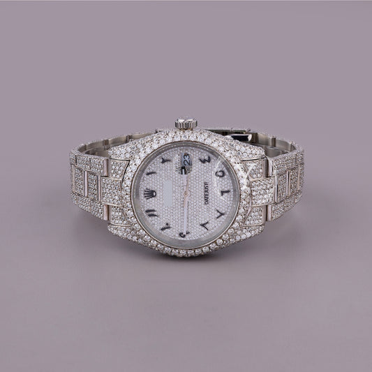 silver moissanite watch with arabic dial full iced out luxury