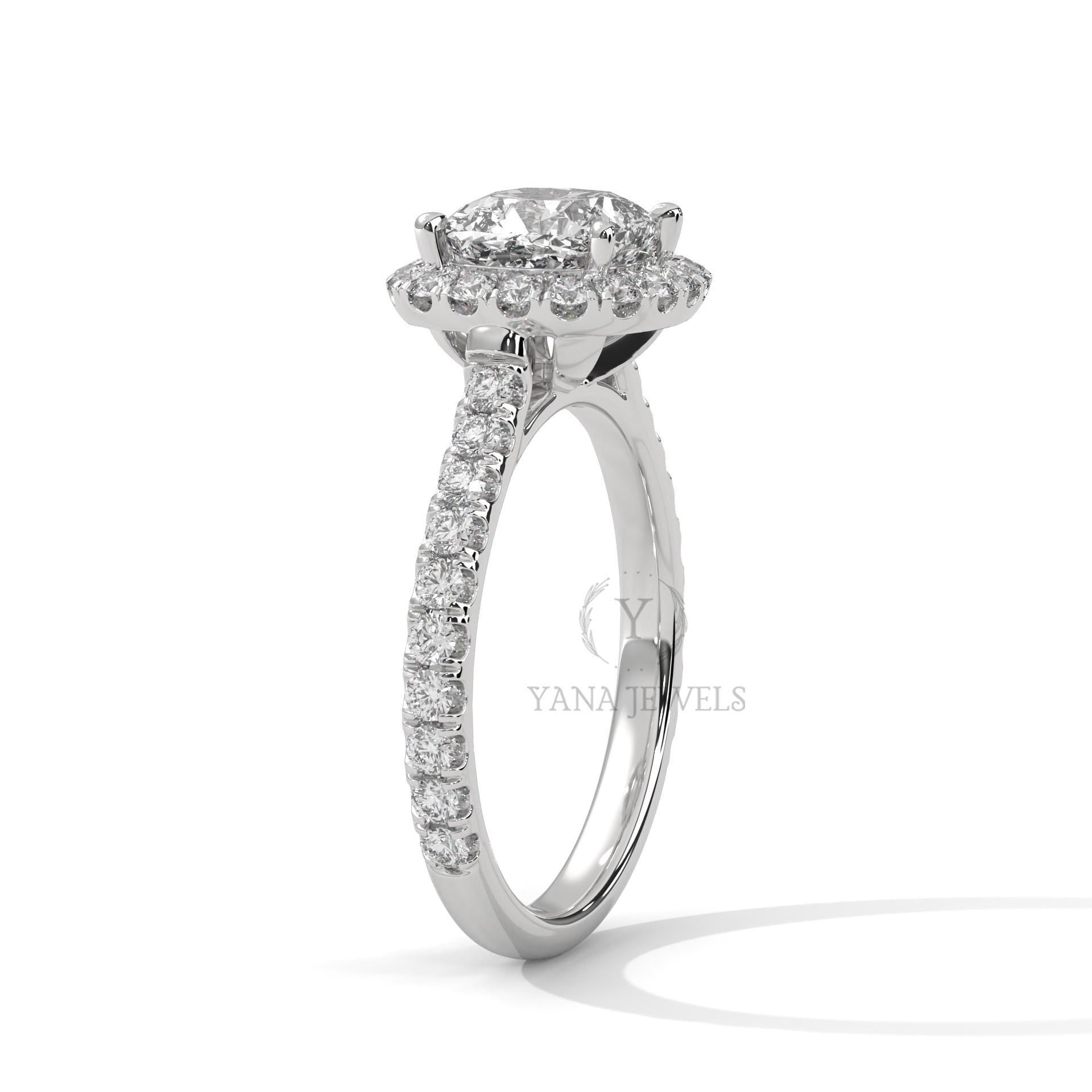 cushion halo moissanite engagement ring in yellow gold