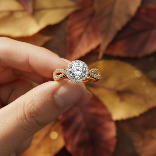 Twisted Band Halo Moissanite Ring for Women