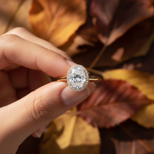 14K Yellow Gold Oval Moissanite Diamond French Pave Halo Engagement Ring