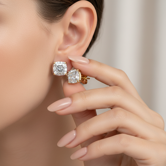 Cushion Cut Lab Grown Diamond 4 Prong Gold Stud Earrings