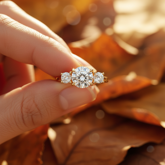 14K Yellow Gold Three-Stone Round Moissanite Diamond Engagement Ring | Yana Jewels