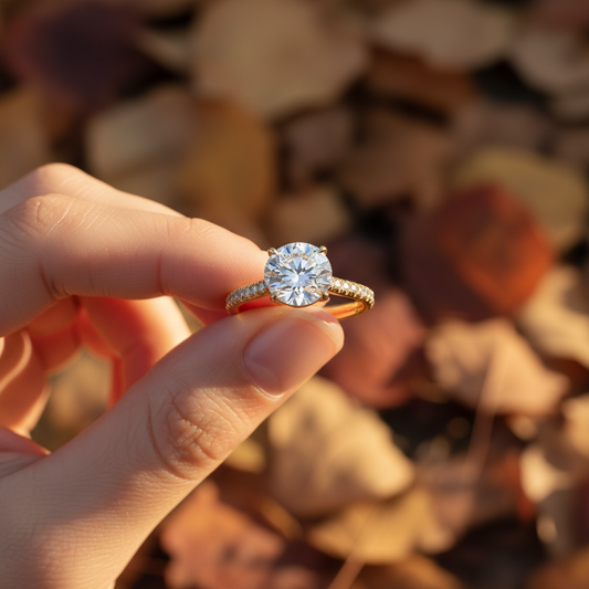 14K Yellow Gold Round Moissanite Diamond Pave Setting Engagement Ring