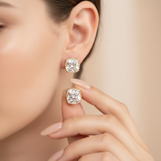 Cushion Cut Lab Grown Diamond Floral Basket Stud Earrings