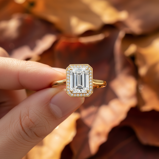 14K Yellow Gold Emerald Cut Moissanite Shared Halo Setting Engagement Ring