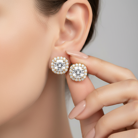 Cushion Cut Moissanite Diamond Halo Stud Earrings