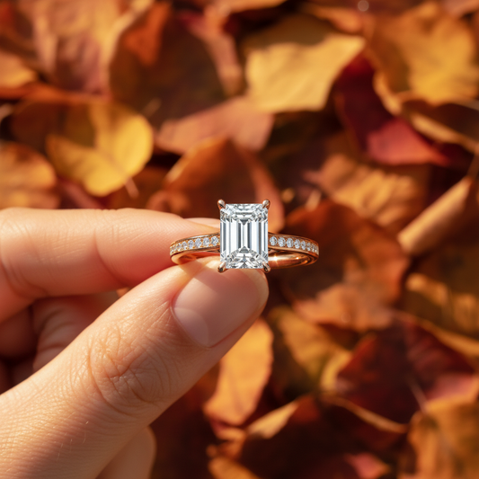 14K Yellow Gold Emerald Cut Moissanite Diamond Halo Engagement Ring