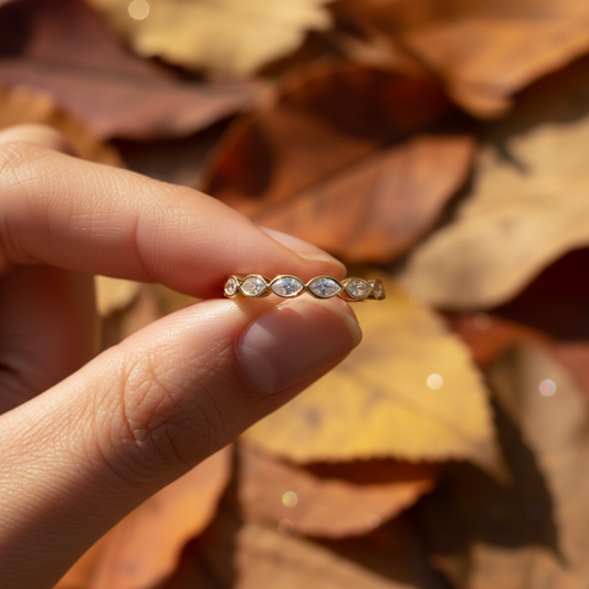Marquise Lab Diamond Bezel Set Half Eternity Gold Band
