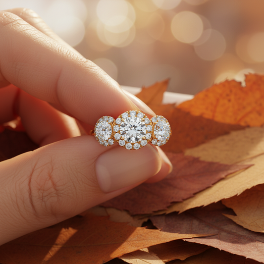 Three Stone Moissanite Diamond Halo Engagement Ring