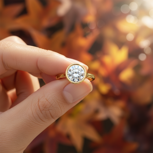 Round Cut Moissanite Bezel Ring with Hidden Halo Engagement Ring