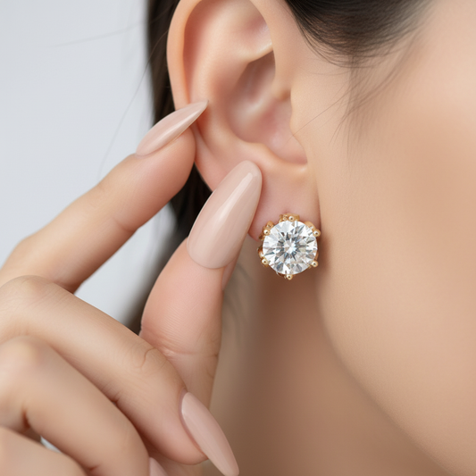 Round Basket 6 Prong Moissanite Diamond Gold Stud