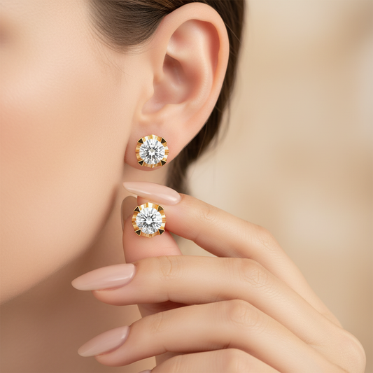 Bold Crown Round Cut Moissanite Diamond Stud Earrings