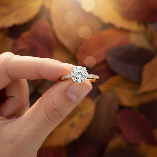 14K Yellow Gold Round Moissanite Diamond Halo Engagement Ring