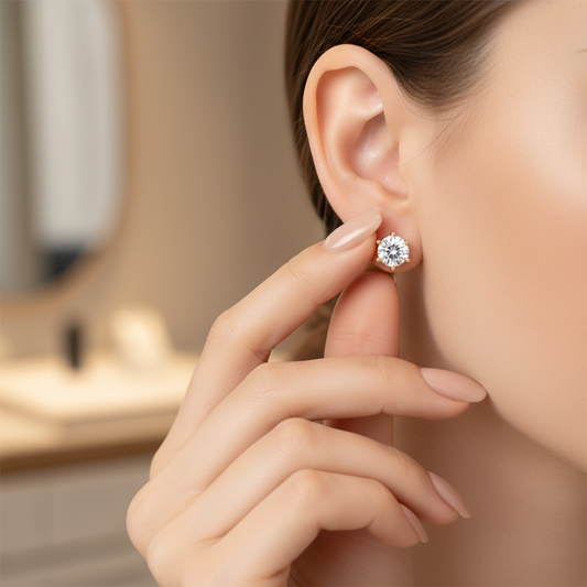Round Cut Lab Grown Diamond 6 Prong Gold Stud Earrings