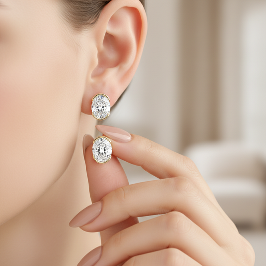 Luxury Oval Lab Grown Diamond Semi Bezel Gold Studs