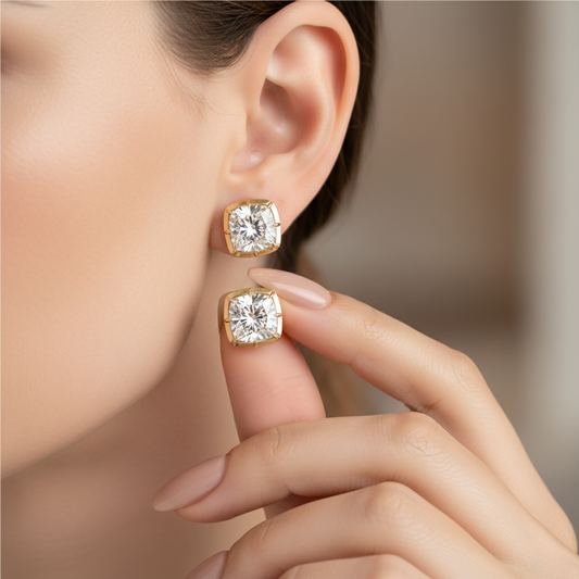 Cushion Cut Moissanite Diamond 8 Prong Gold Solitaire Stud