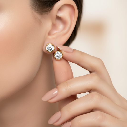 Classic Round Moissanite Diamond Gold Stud Earrings
