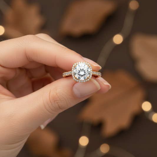 14KT Yellow Gold Round Cut Moissanite Diamond Halo Setting Engagement Ring