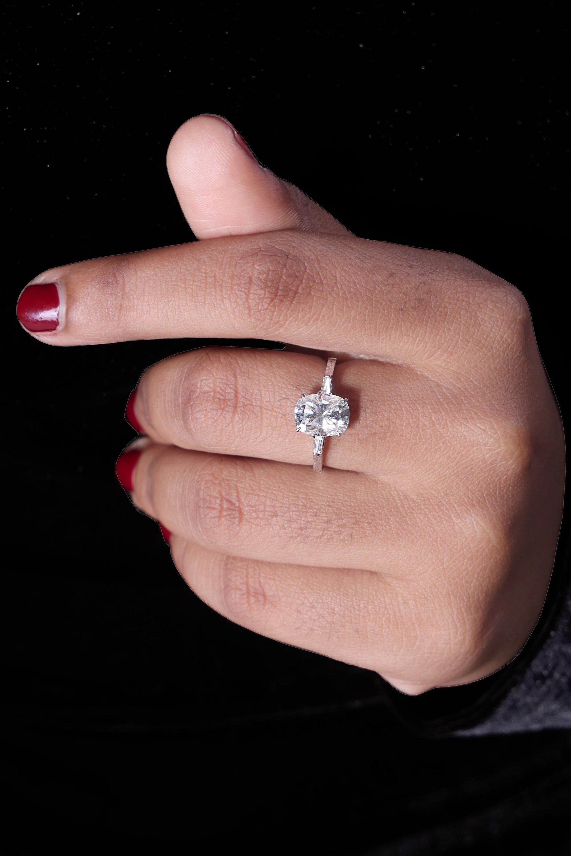Lab Grown Diamond Cushion Cut Three Stone Engagement Ring with Baguettes