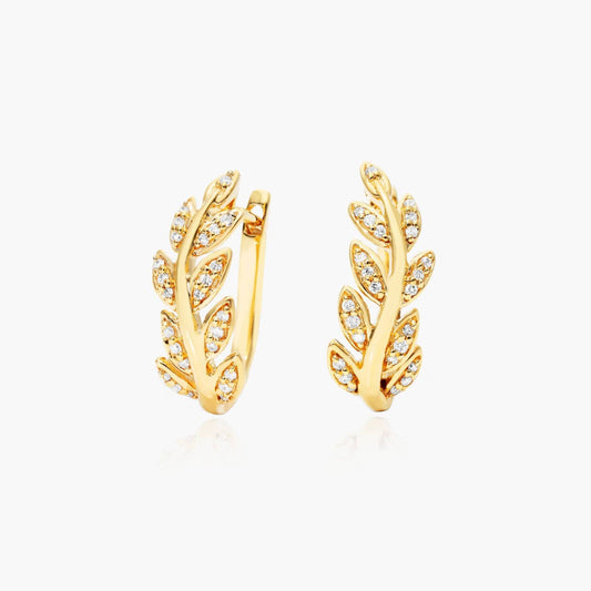 18K Yellow Gold Diamond Leaf Hoop Earrings for Women