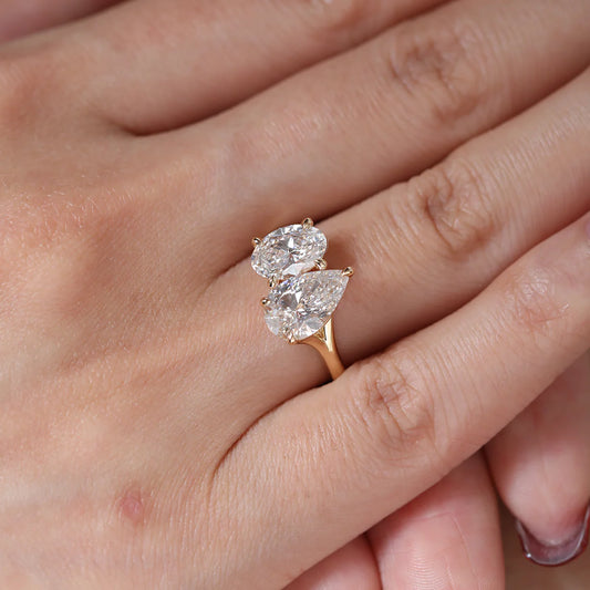 14K Yellow Gold Oval & Pear Moissanite Diamond Toi et Moi Ring