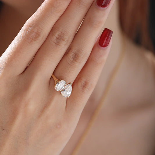 14K Yellow Gold Oval & Pear Moissanite Diamond Toi et Moi Ring