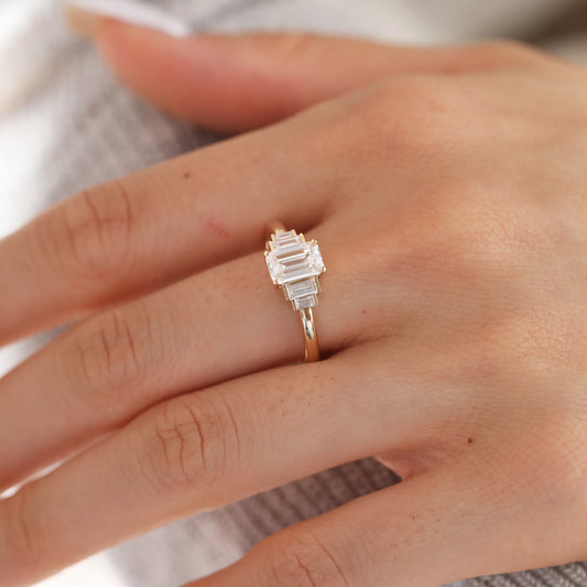 14K Gold 1CT Emerald-Cut Moissanite Diamond Five-Stone Engagement Ring