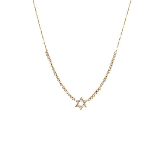 Diamond Star of David Half Tennis Necklace in 18K Gold