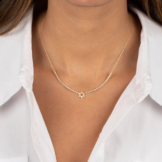 Diamond Star of David Half Tennis Necklace in 18K Gold