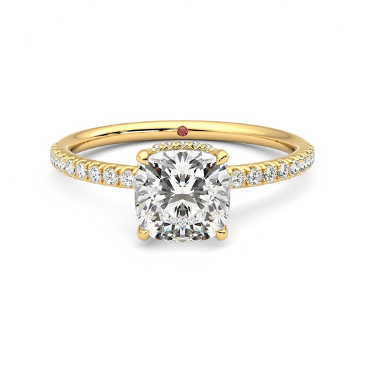 Cushion Solitaire Engagement Ring – Hidden Halo & Pavé Band in 18k Gold18k gold engagement ring,bridal jewelry USA,classic engagement ring,cushion cut diamond ring,cushion cut wedding ring,cushion solitaire engagement ring,Cushion Solitaire Engagement Rin