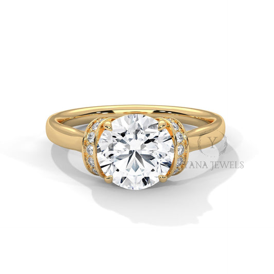Round Cut Bezel Setting Moissanite Engagement Ring | GRA Certified Diamond