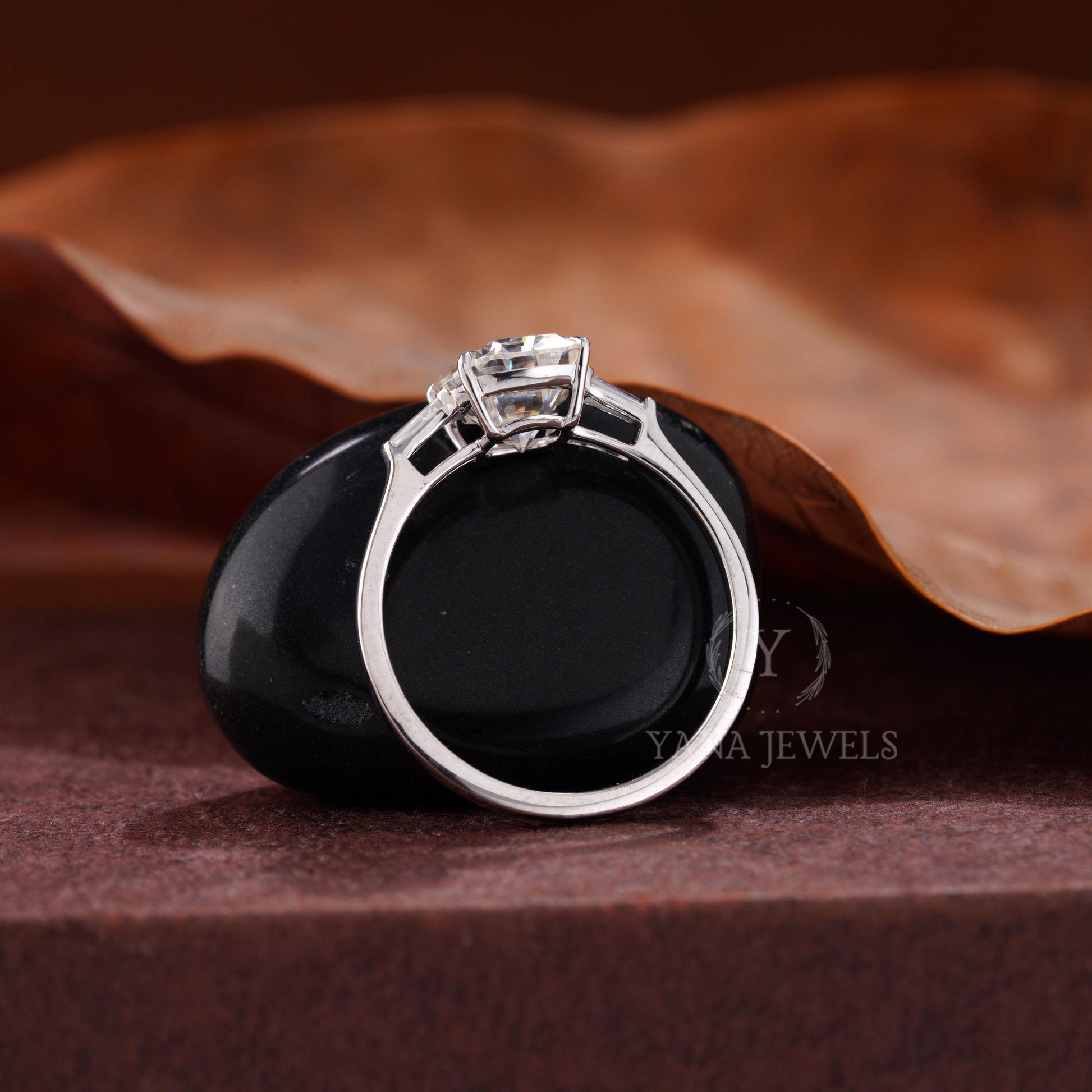 Lab Grown Diamond Cushion Cut Three Stone Engagement Ring with Baguettes