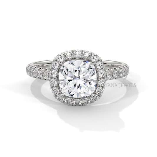 cushion halo moissanite engagement ring in yellow gold